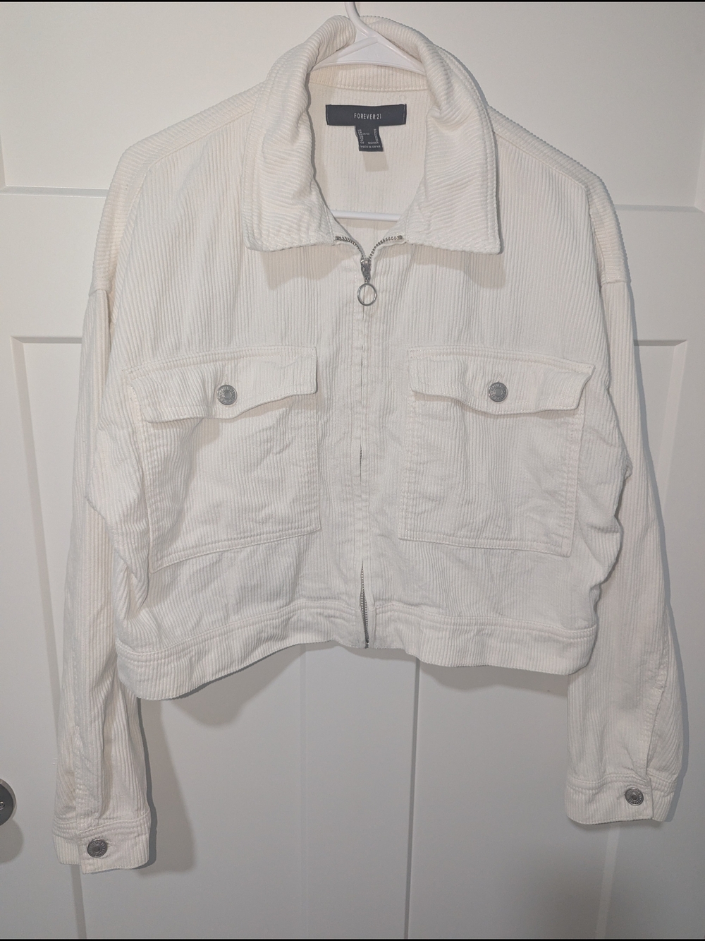 Forever 21 White Cropped Corduroy Jean Jacket with Ring Zipper